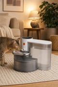Whispurr fountain — cat drinking, cozy living room