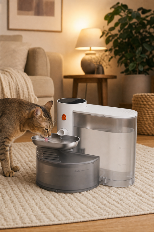 Whispurr fountain — cat drinking, cozy living room
